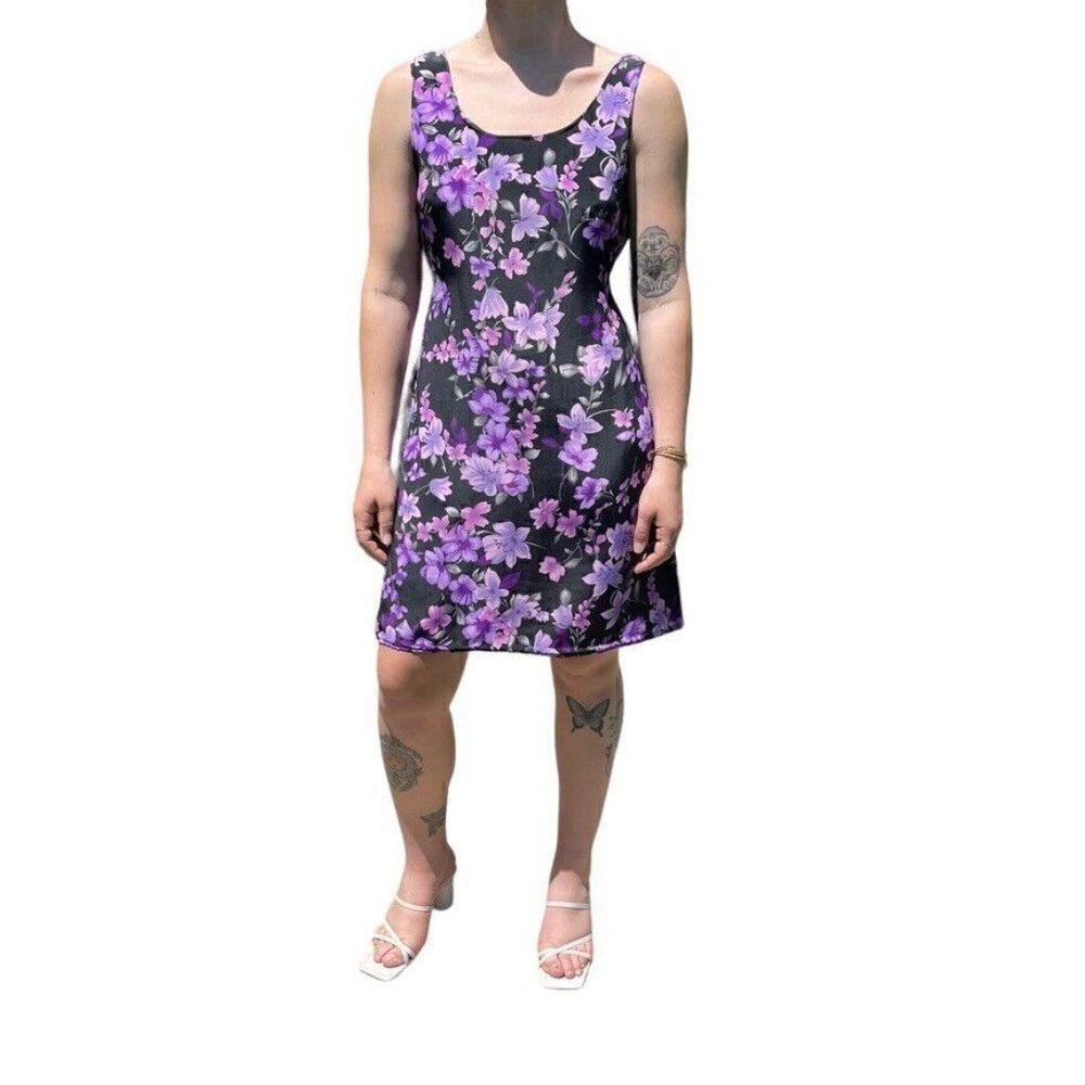 Vintage 90s Womens Purple Floral Tropical Hawaiian Mini Scoop Neck Dress Sz M